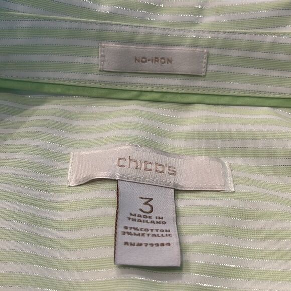 Chico's Green/White/Silver Striped No-Iron LS Blouse - Picture 8 of 8